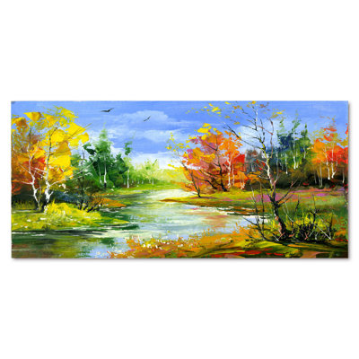 Paysage d'automne avec rivière sous un ciel bleu - peinture sur toile