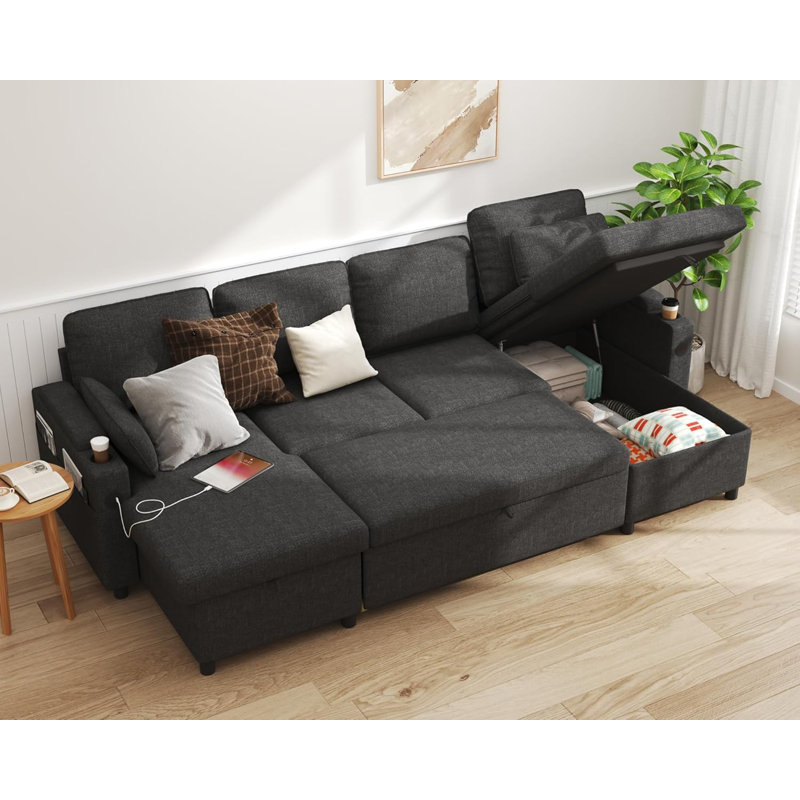 2 In 1 Sleeper Sofa Pull-Out Couch With USB Charging, Storage Chaise, Cup Holder For Apartment, Living Room, Grey