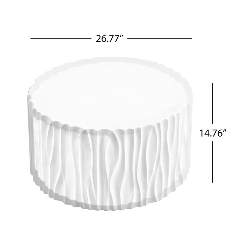 Table basse d'extérieur blanche moderne avec motif cannelé ondulé - ronde de 26,77 po, H 14,76 po, matériau MGO, capacité de 66 lb, sans assemblage pour patio, jardin ou balcon
