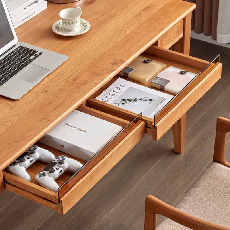Bureau rectangulaire en bois massif de couleur cerisier + verre avec 2 tiroirs, H 29,53 po x l 62,99 po x P 23,62 po