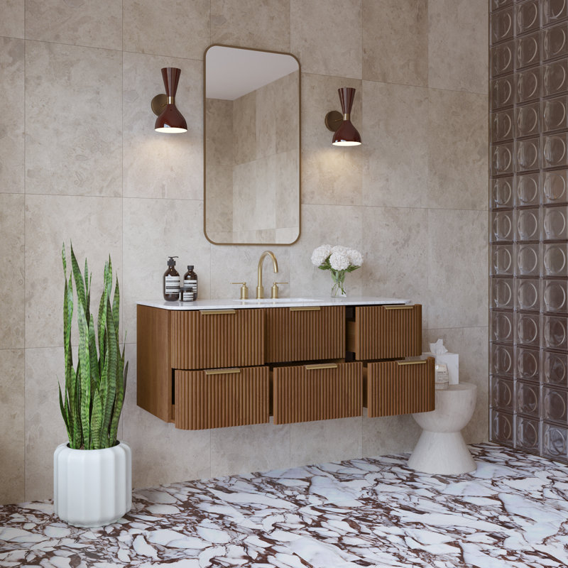 Kensington Floating Vanity 48" Single Vanity, Brown Reeded Birch