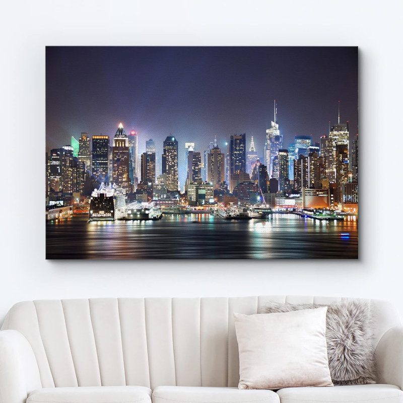 Architecture Building " New York City Skyline Hudson River Architecture Cityscape Colorful ", 24" H x 36" W