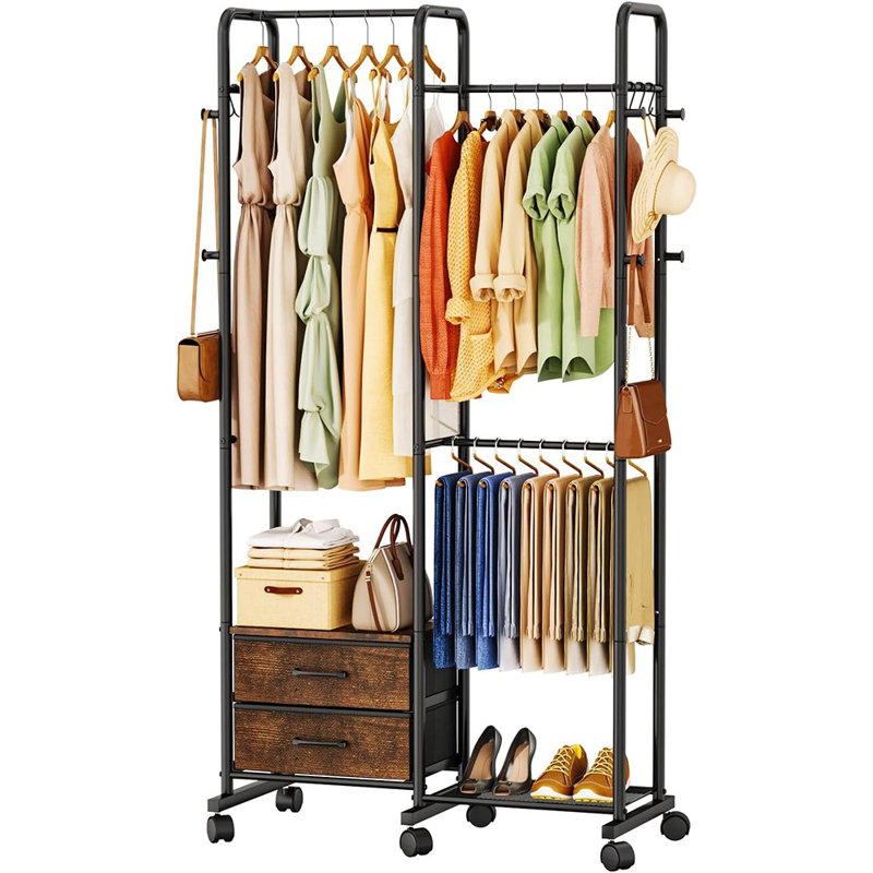 Portant à vêtements sur roulettes - Portant à vêtements avec tablette de rangement et roulettes verrouillables [Noir] - [Métal / Moderne / Autoportant]