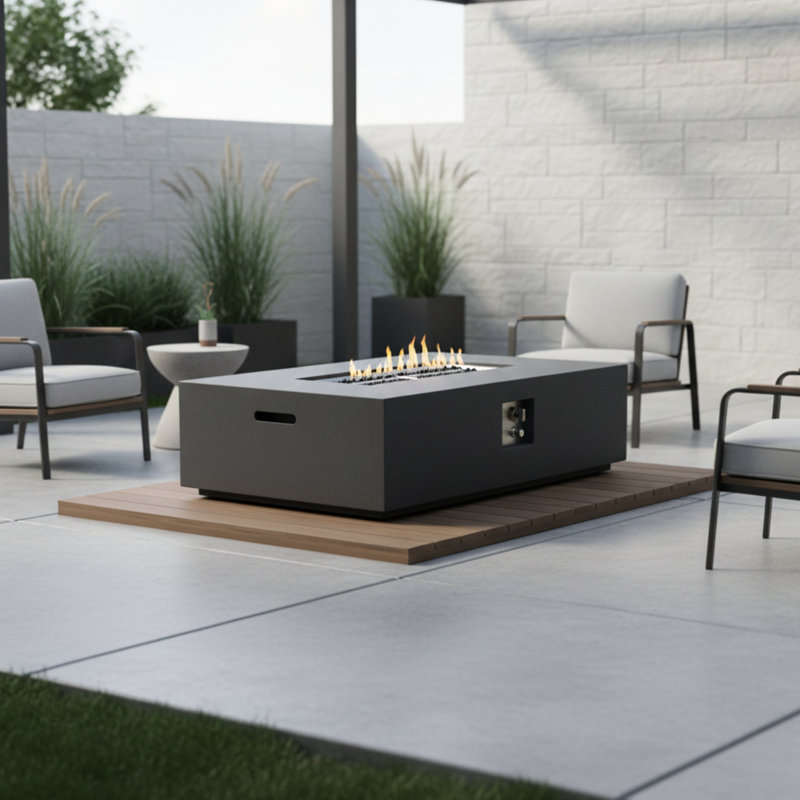 48-Inch Rectangular Concrete Propane/Natural Gas Fire Pit Table With 50000 Output, Push-Button Ignition, Adjustable Flame, Lava Rocks, And Cover Fiber Table, , Push - Button Weather