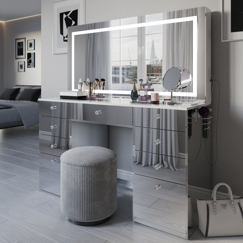 Boahaus Elara Extra-Large Vanity Desk with LED Mirror –  Makeup Vanity Designed as a Complete Dressing Station with Integrated Power and Speakers