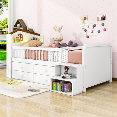 4 Drawers Twin Wooden Low Loft Bed With LED Lighting And Shelves