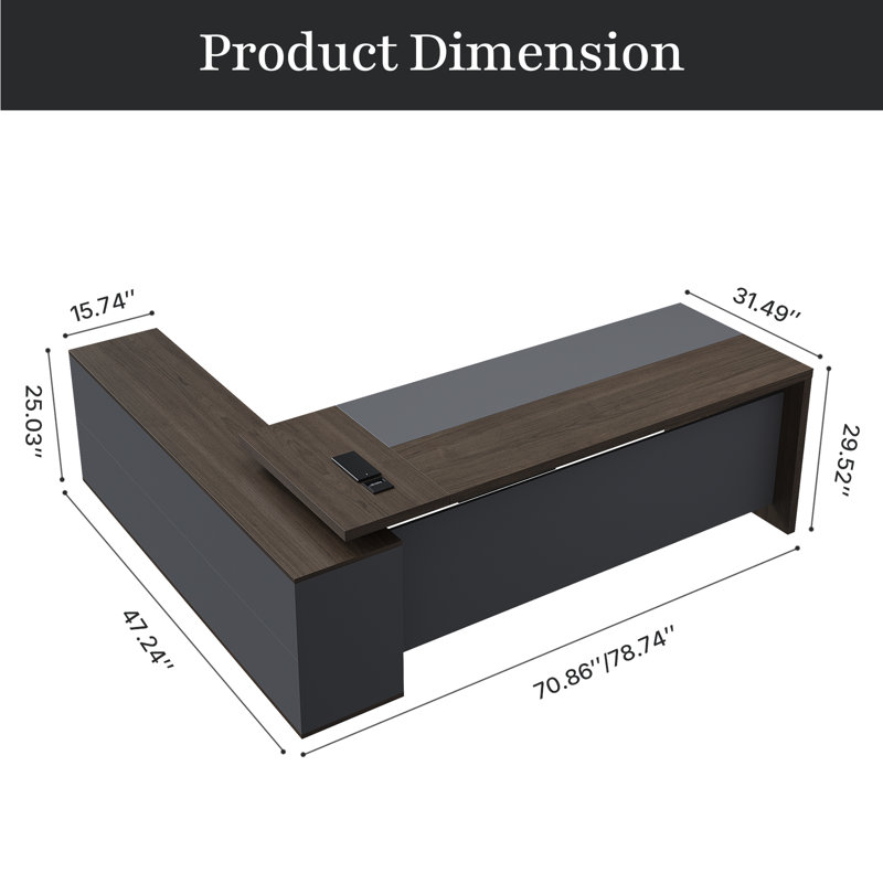 Bureau de direction ergonomique en L Achilles avec rangement intégré et gestion de l'alimentation, Noyer / gris