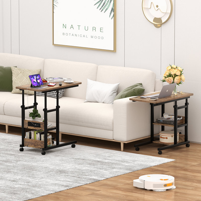 Height Adjustable C Table with USB Port and Wheels, Brown