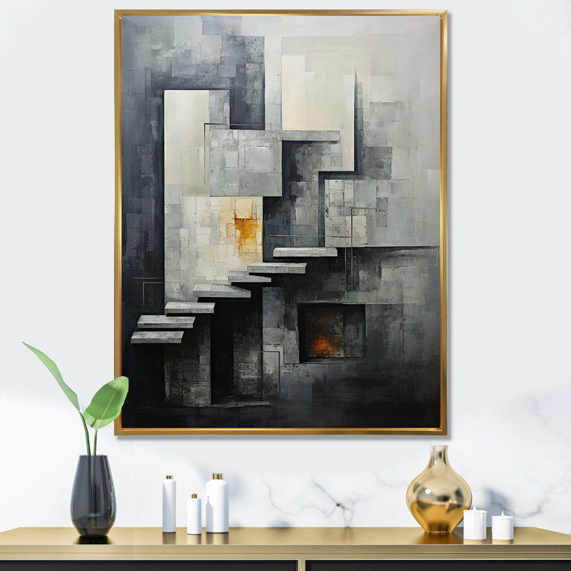 Décoration murale abstraite escalier argenté I - Formes abstraites, H 44 po x l 34 po x P 1,5 po, Cadre doré simple