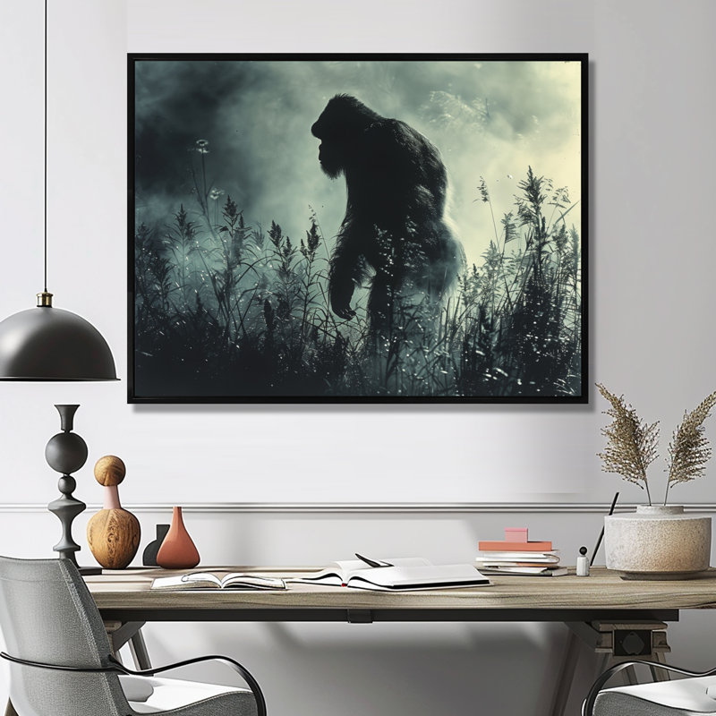 Silhouette d'ombre noire et grise Bigfoot - art mural Bigfoot, Toile avec cadre flottant noir, H 12 po x l 20 po x P 1 po