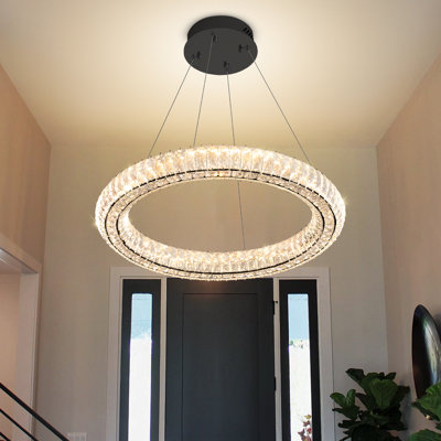 Dimmable Led 24" Ring Pendant Light Adjustable Round Crystal Chandelier Black