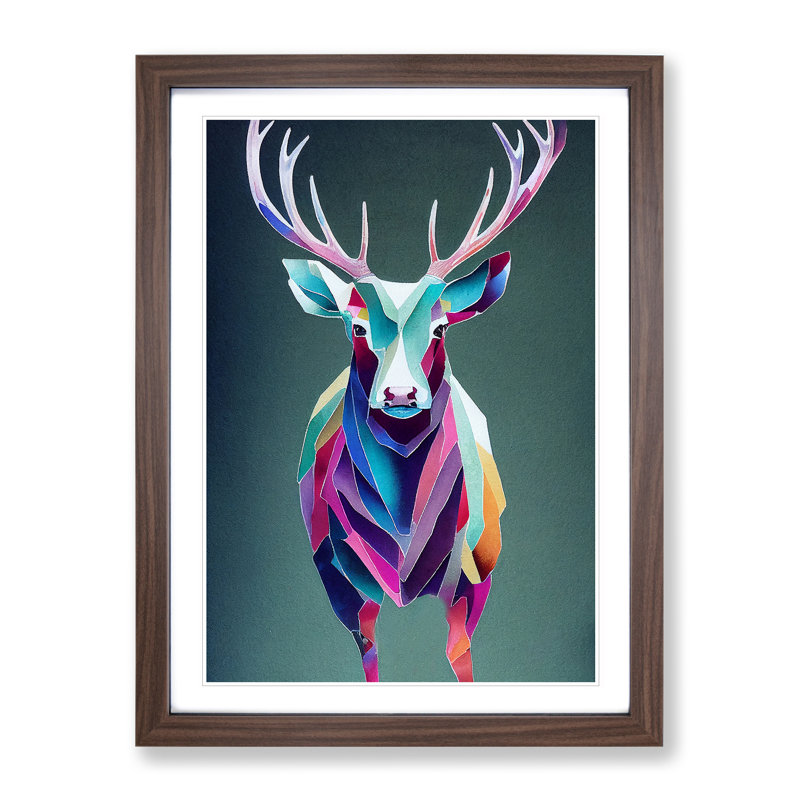 Colourful Stag Geometric Abstract - Single Picture Frame Print, 34cm H x 25cm W x 2cm D, Walnut