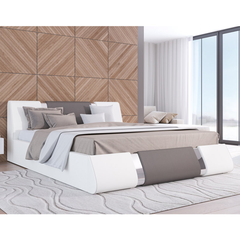 Lit plateforme tapissier avec rangement Baran, Blanc / gris, Grand