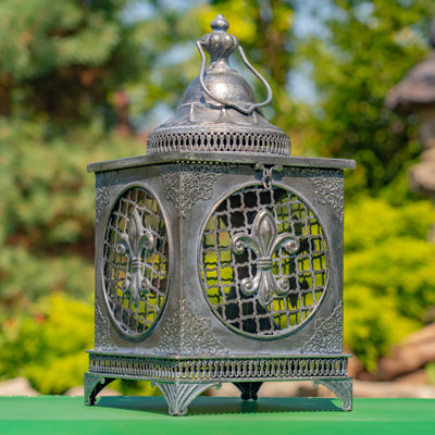 19in. Tall Fleur-De-Lis Square Iron/Glass Lantern