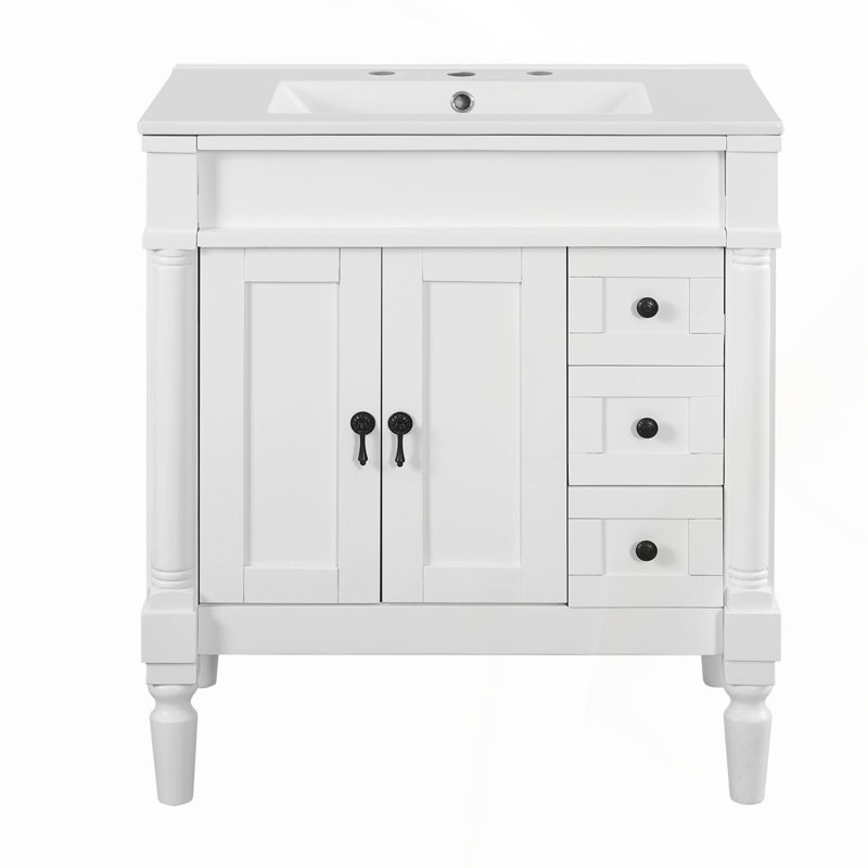 Meuble-lavabo moderne de 30 pouces avec cadre en bois massif, panneau de fibres à densité moyenne, lavabo en céramique et rangement spacieux pour un design élégant et fonctionnel