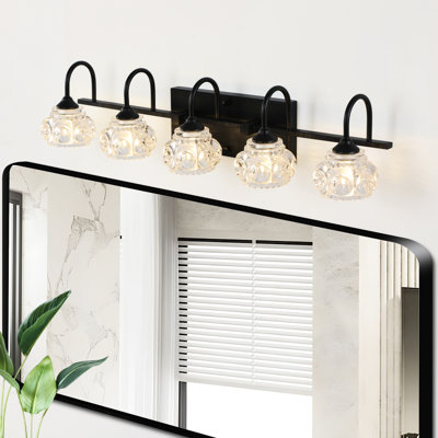 Meuble-lavabo de salle de bain à 5 abat-jour en cristal noir avec finition noire. Fixation murale pour salle de bain, vestiaire. Fer et cristal, 110 à 120 V, 5 ampoules G9 non fournies, 60 W maximum pour chaque ampoule - 5 lumières, avec