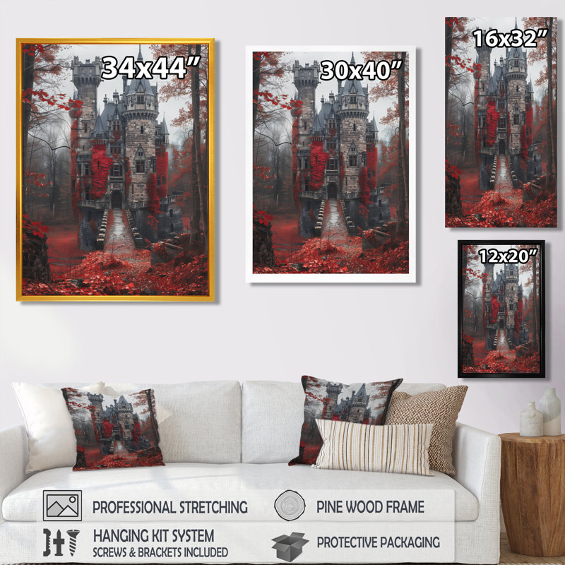 Décoration murale château gris et rouge Regal England, Toile tendue, H 32 po x l 16 po x P 1 po