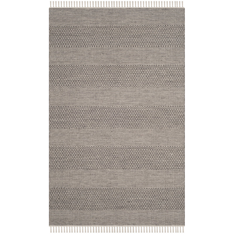 Tapis rayé ivoire / anthracite en coton tissé à plat à la main Bester, Rectangle 2 pi 3 po x 4 pi