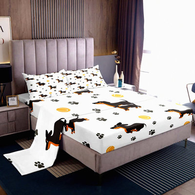 Dachshund Paw Print Fitted Sheet Set - Cute Dog Bedding with Ball Bones Design - Animal Themed Bedroom Decor - Bed Set with Pillowcases