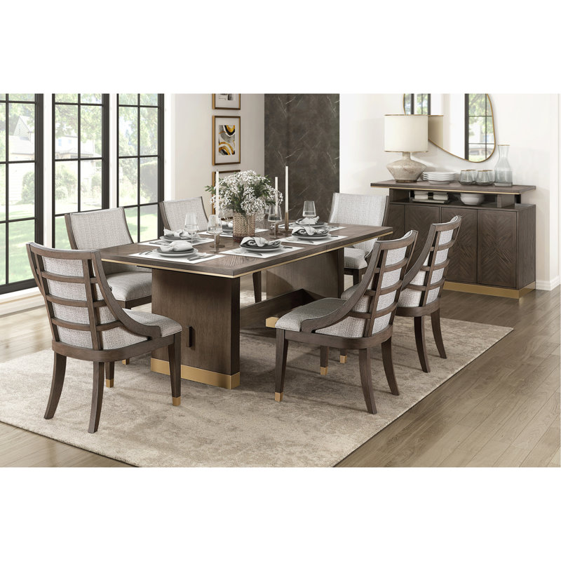 Ensemble de salle à manger moderne et luxueux avec finition brune 7 pièces et 6 fauteuils à garniture dorée