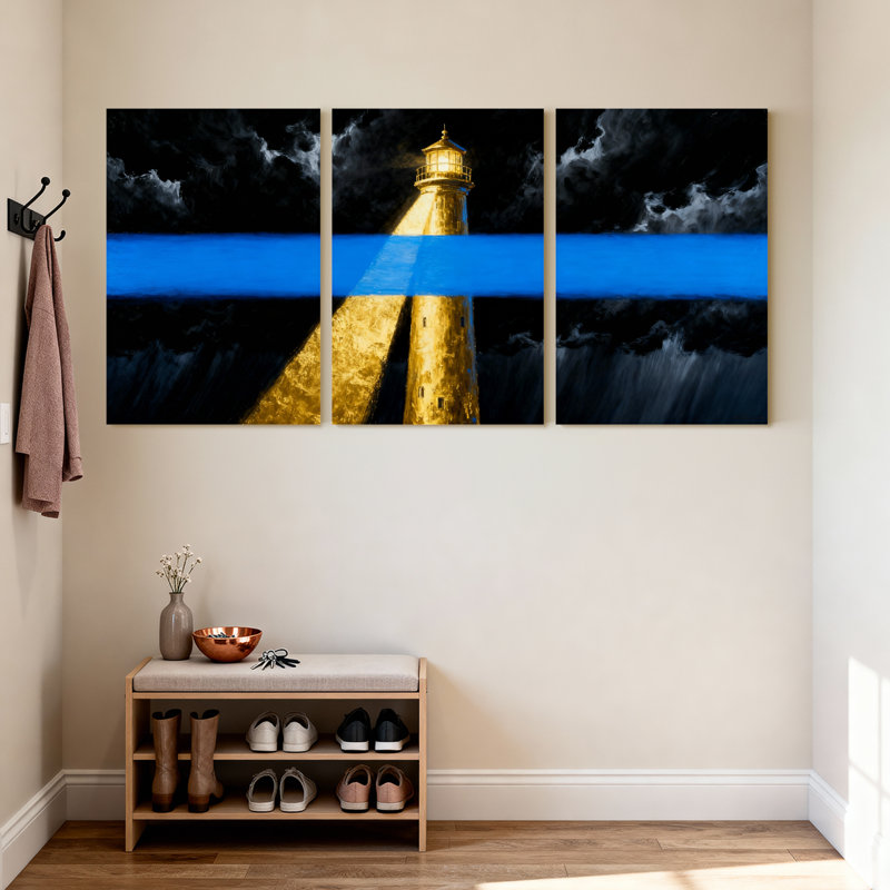 Phare, phare, ligne bleue, ciel nocturne, ensemble de 3 reproductions d'art sur toile, H 30 po x l 60 po