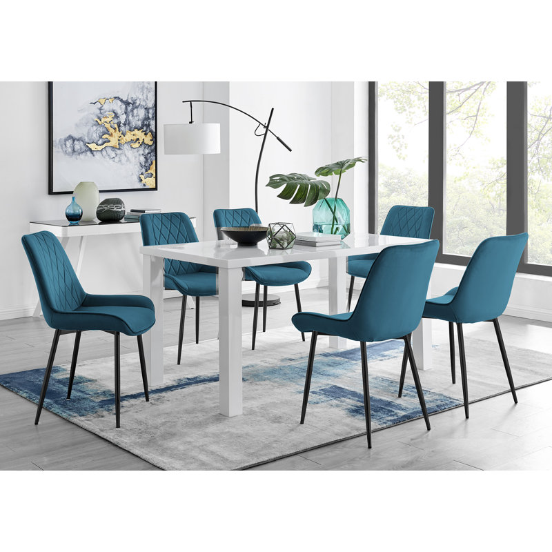 Pivero 6 Grey Dining Table And 6 Blue Pesaro Black Leg Chairs, White, Blue/Black
