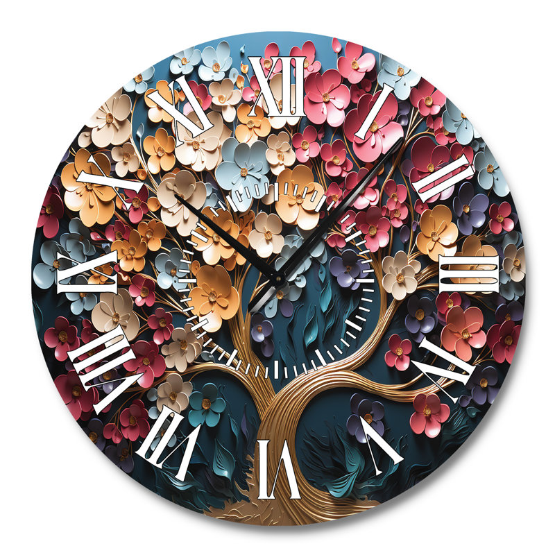 Horloge murale multicolore arbre doré sur fond bleu, Grand