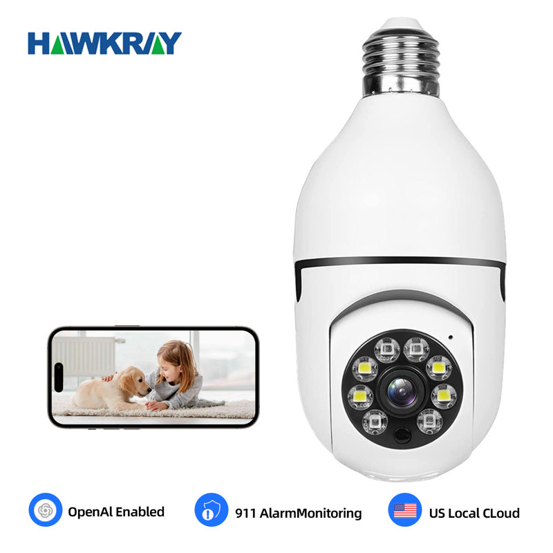 Hawkray Smart Security Bulb Camera - 2k Wireless Indoor/outdoor Surveillance, 355° Pan/tilt With Full-color Night Vision, 5g/2.4g Wifi, Motion Alerts & Two-way Talk, Cloud Storage