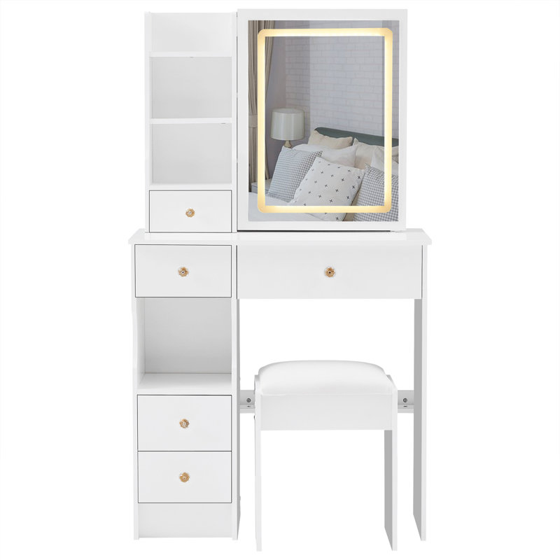 Petit meuble-lavabo de 29,2 po avec tabouret de bureau et tabouret rembourré à gauche 29,5 po, grande commande tactile, interrupteur tricolore, miroir à luminosité réglable, rangement à grande capacité, convient aux petits espaces