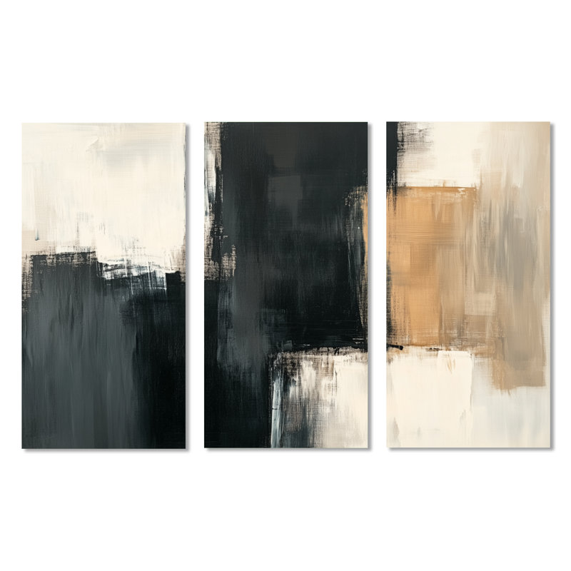 Gris anthracite ton sur ton abstrait IV - bloc de couleurs 3 panneaux d'art mural, H 32 po x l 48 po, Toile tendue