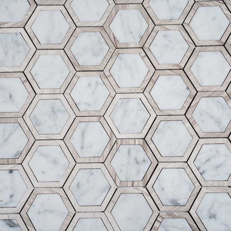 12 x 13.5 Bianco Carrara, Wooden Grey Marble Random Mosaic Tile