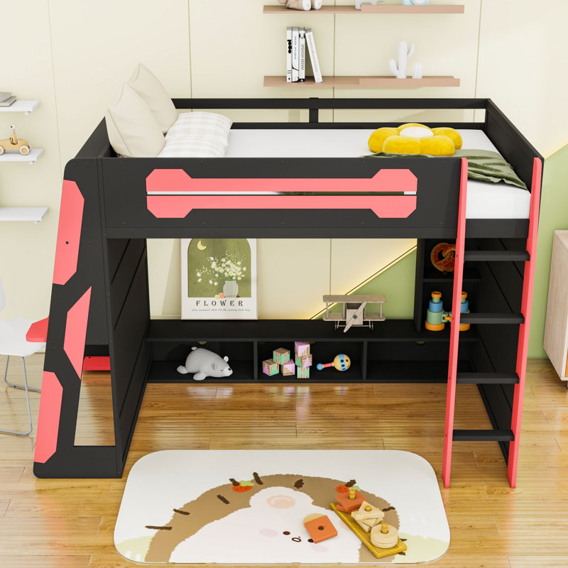 Lit mezzanine double en bois avec bureau intégré, tablettes, lumière RVB, station de charge USB et prise, Rouge