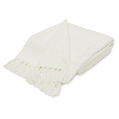 Luxurious Soft All Season Cotton Waffle Weave Throw Blanket With Fringes