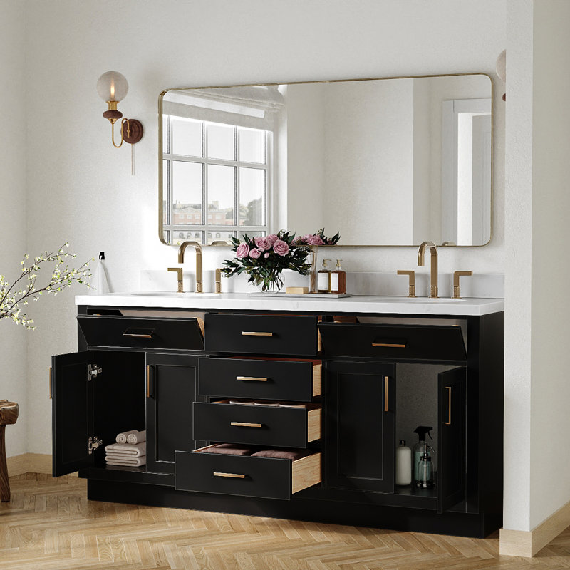 Meuble-lavabo double en bois massif 72 po avec plateau en quartz Carrara de 1,5 po Thornaby, Ovale, Noir