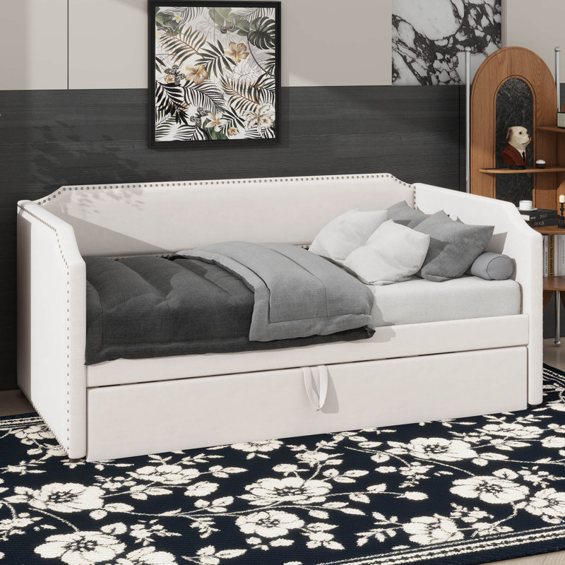 Lit de jour avec couchette escamotable, taille simple, revêtu de velours, Beige