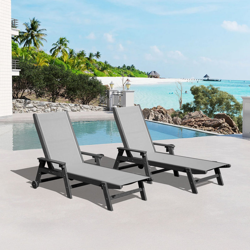 HDPE & PVC-coated polyester Outdoor Chaise Loungers with Arms, 5-Position Adjustable Backrest, Wheeled, Hidden Cup Holders, Set of 2