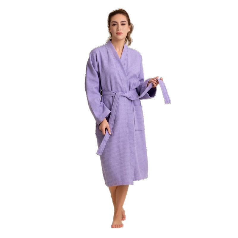 Peignoir mi-mollet 100% coton gaufré avec poches, Mauve