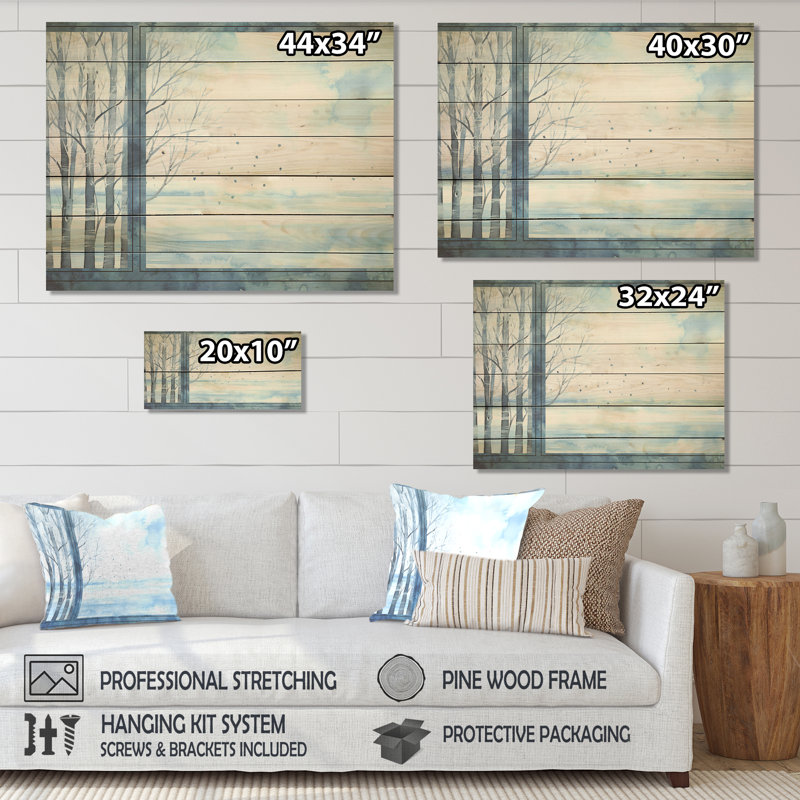 «White and Blue Winter Forest Collage VII», paysage d'hiver sur bois, H 34 po x l 44 po