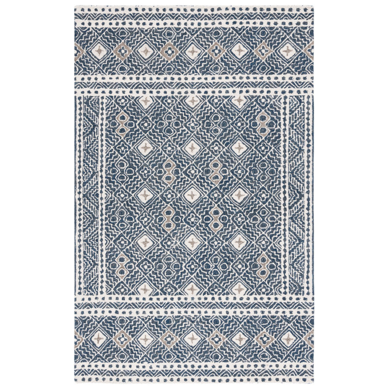 Manwell Hand Tufted Wool/Cotton Geometric Rug in Navy/Ivory, Rectangle 8' x 10'