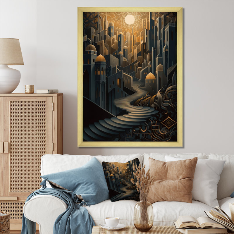 «Arab City IV» - surréalisme, art mural paysage, L 16 po x H 32 po, Encadrement doré