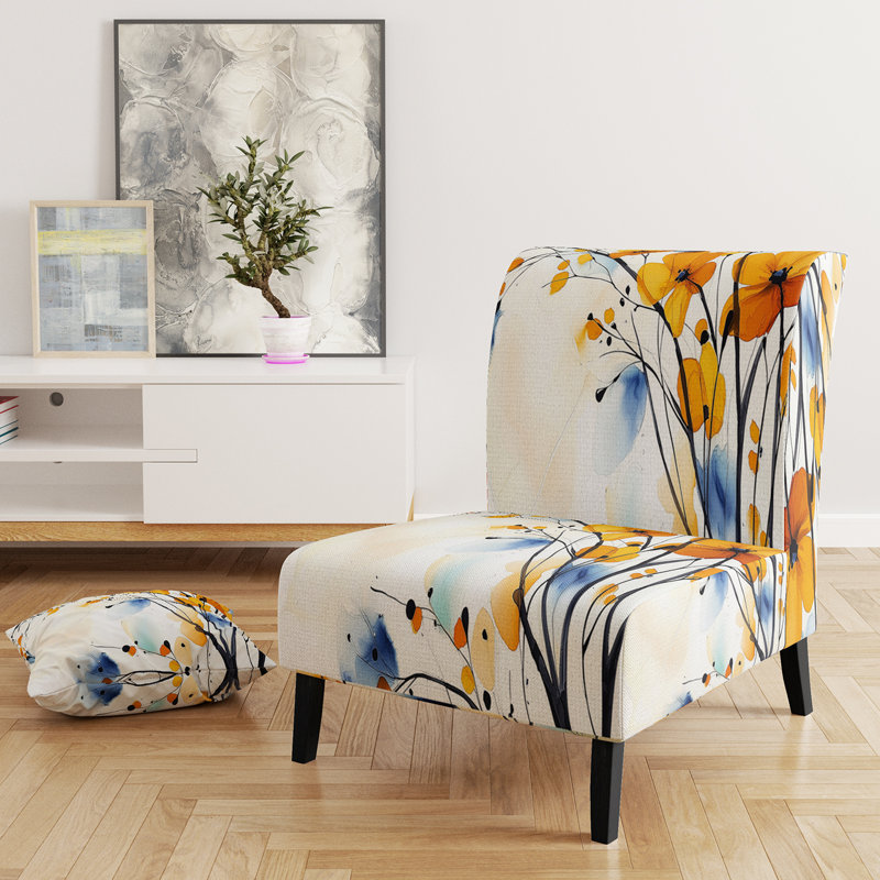 Abstract Flowers - Traditional Upholstered Slipper Chair, Yellow/Blue