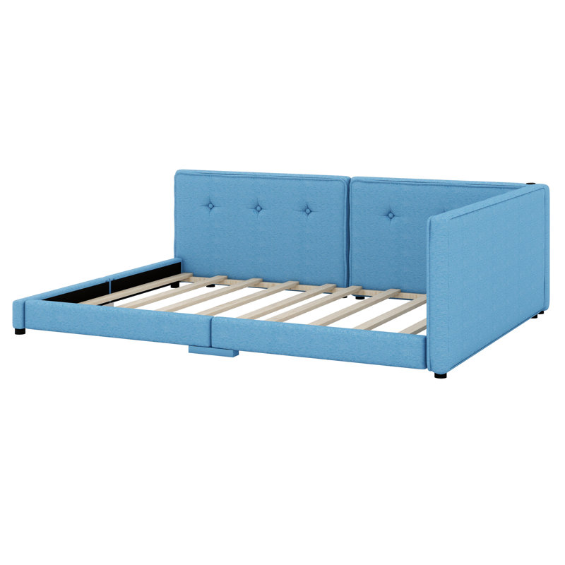 Lit plateforme tapissier avec ports USB, Bleu
