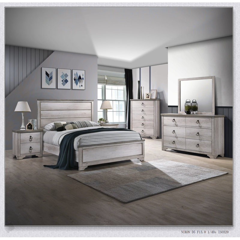 Commode 6 tiroirs de style maison de campagne avec finition en bois flotté patiné et plateau brun vieilli