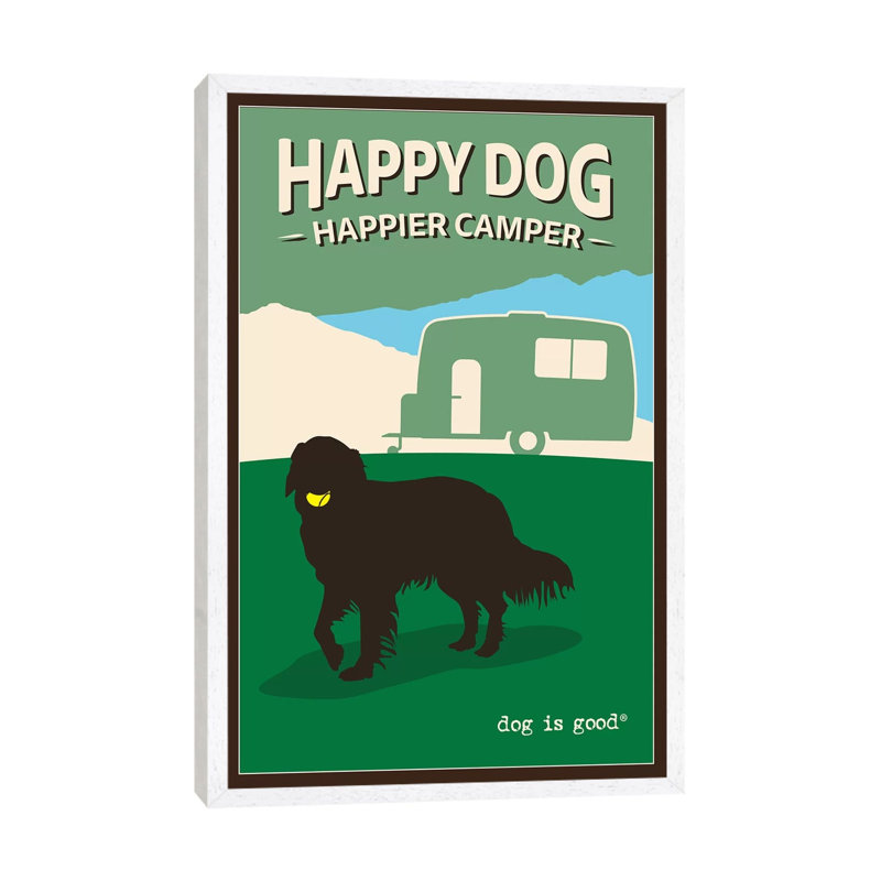 Happy Dog Happier Camper - Print on Canvas, White Framed, 66.04cm H x 45.72cm W x 3.81cm D