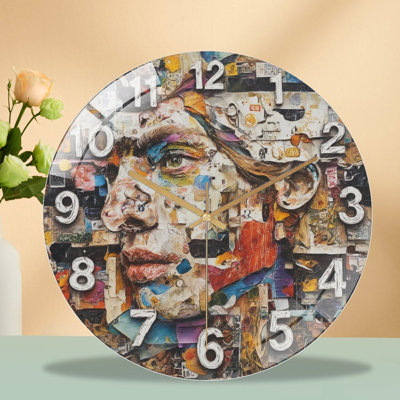 Collage Art Wall Clock Unique Face Design Home Decor Art - 12'' Modern Glass Wall Clock