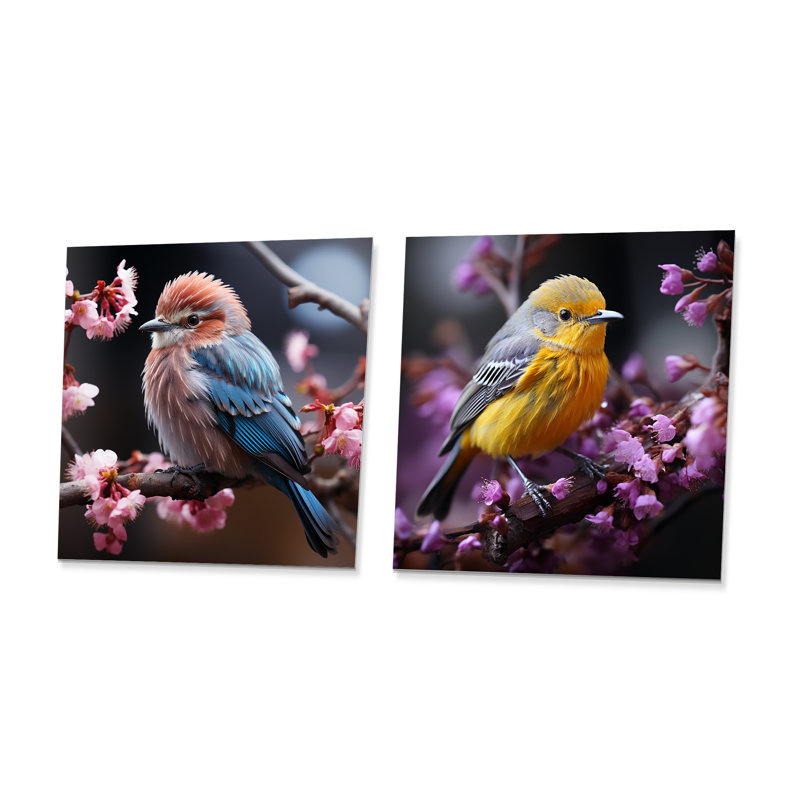 «Pink Bird In Winter Charm I», ensemble de 2 carrés d'art mural en métal, H 16 po x l 32 po