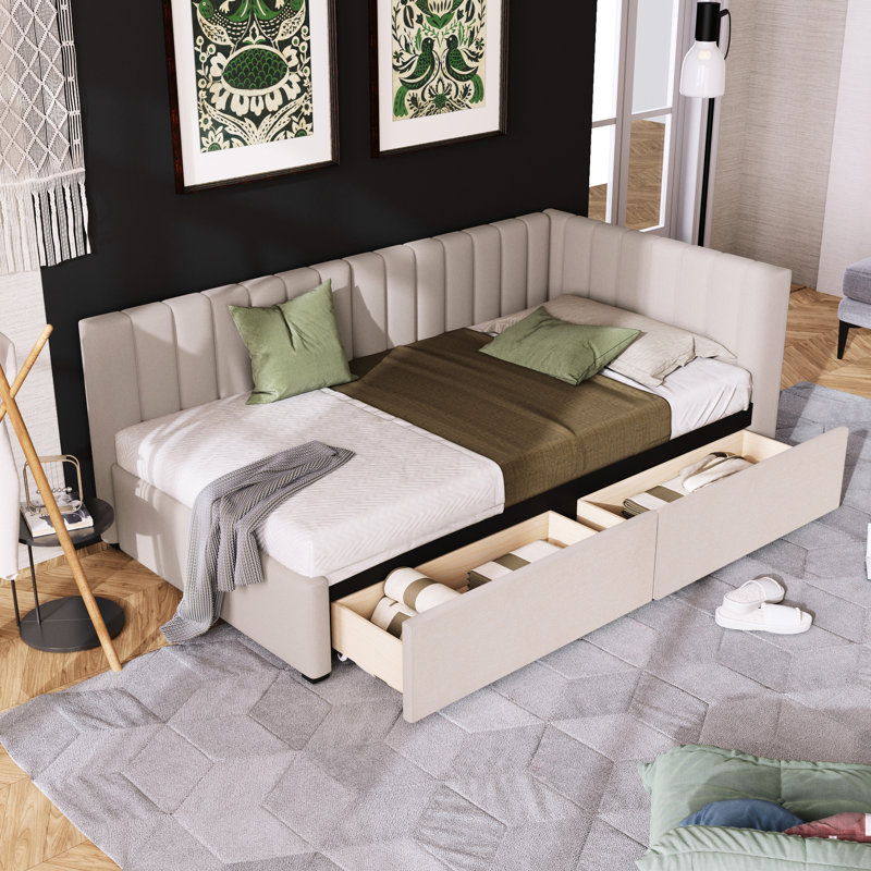 Lit de jour en tissu de lin beige avec lit simple et 2 boîtes de rangement - aucun sommier requis, Beige