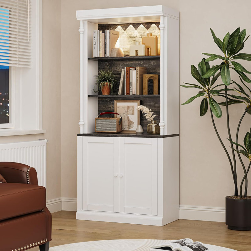 5 Tier Adjustable Bookcase with LED Lights, Roman Column Bookshelf, Open Shelves & Dual-Door Storage Cabinet