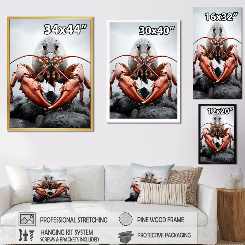 «Caritina Coral Gray Animal Lobster», reproduction sur toile, H 32 po x l 16 po x P 1 po, Toile tendue