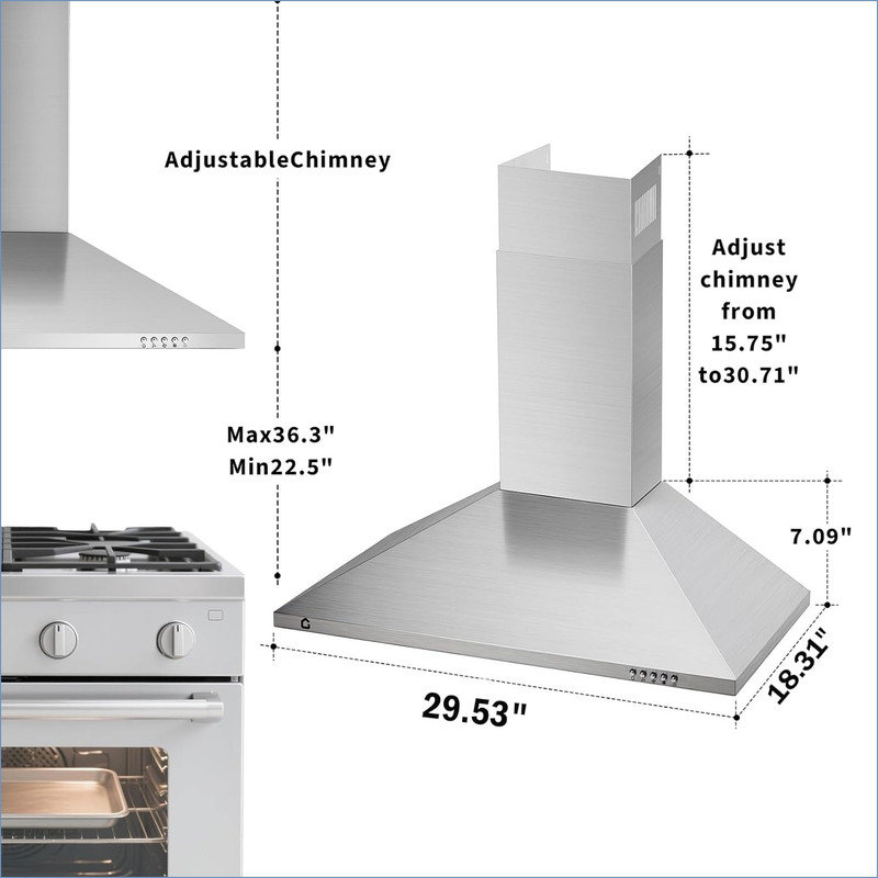 30 Inch Range Hood Wall Mount with Ducted/Ductless Conversion, Aluminum Filters, 3-Speed Exhaust Fan, LED Light, Button Control